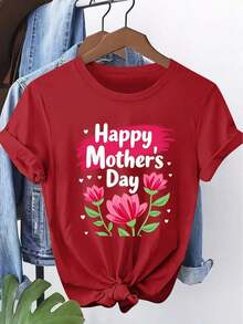 Women's Short-Sleeved T-Shirt With A "Happy Mother's Day" Floral Print, Round Neck, Machine Washable, Soft To The Touch, Breathable, And Suitable For Spring, Summer, And Fall. Warm, Personalized, Casual, Easy To Match, And Perfect For Everyday Wear. Available In Sizes S-XXL. Suitable For Mother's Day Celebrations, Family Outings, And Other Occasions. - 紅色 - 查看 7