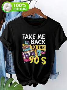 Camiseta retro de casete de los 90 – estampado icónico de letra de canción, manga corta con cuello redondo, 100% algodón, ideal para looks de los años 90. - Negro - Ver 1