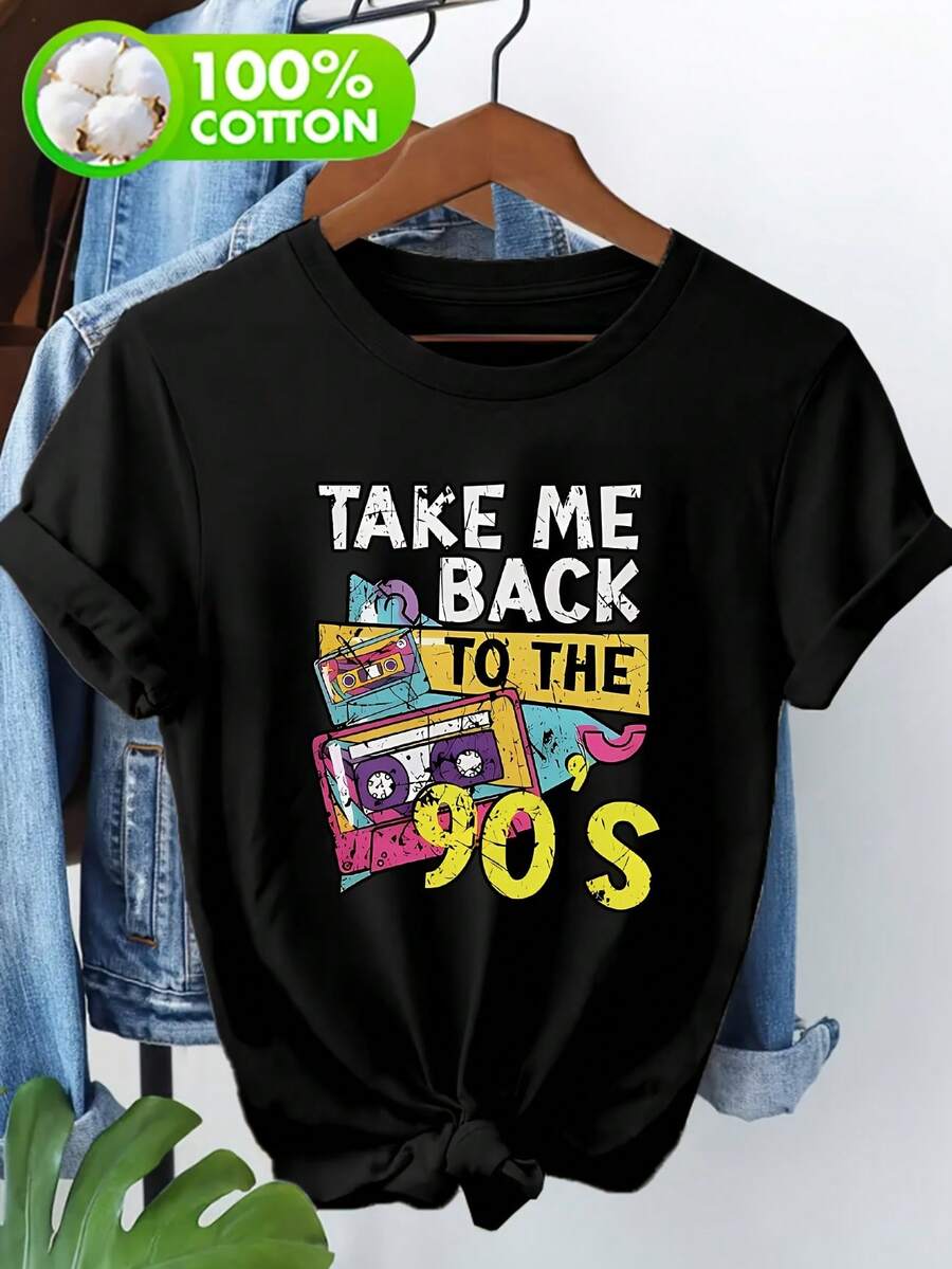 Camiseta retro de casete de los 90 – estampado icónico de letra de canción, manga corta con cuello redondo, 100% algodón, ideal para looks de los años 90. - Negro - Ver 1