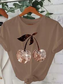 Women's Summer T-Shirt - Sparkling Cherry Design In Emerald Green, Loose Round Neck, Casual Top For Everyday Wear, Suitable For Parties And Outings - Machine Washable, Spring/Summer Style, Comfortable Fabric, Short Sleeve T-Shirt With Modern Print, Soft Texture, Fashionable Summer Clothing, Spring/Summer Garment - 藍色 - 查看 7