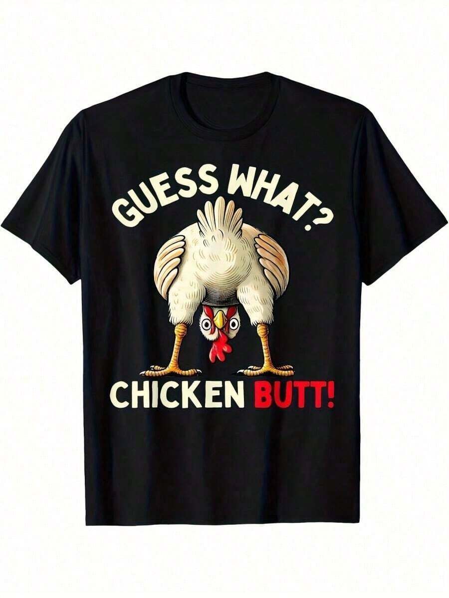 Women's Casual Black Cotton T-Shirt, Short Sleeve, Regular Fit, Round Neck, With A Funny Chicken Butt Print. - 黑色 - 查看 1