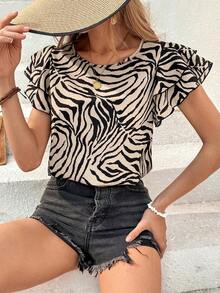 Blusa de verano con cuello redondo, de doble capa y mangas cortas, con estampado de cebra.Parte superior de verano casual con estampado animal.Blusa de manga corta linda y de corta duración para mujer. - Multicolor - Ver 3