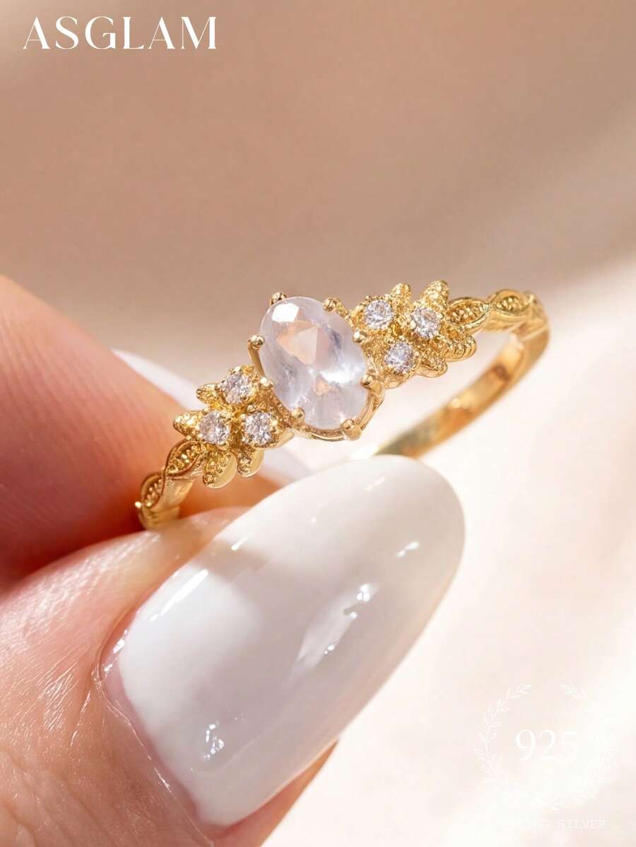 1 chiếc nhẫn bạc 925 mạ vàng và đính đá Cubic Zirconia trắng, thanh lịch và thời trang, thích hợp làm quà tặng kỷ niệm/sinh nhật. - Vàng - Xem 1