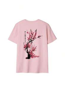 Women's Loose-Fitting Japanese-Style Cherry Blossom Print T-Shirt, 100% Cotton, Breathable, Round Neck, Short Sleeve, Y2K Streetwear, Suitable For Spring Outings, Urban Walks And Casual Daily Wear, Summer Pink Color. - 粉色 - 查看 2