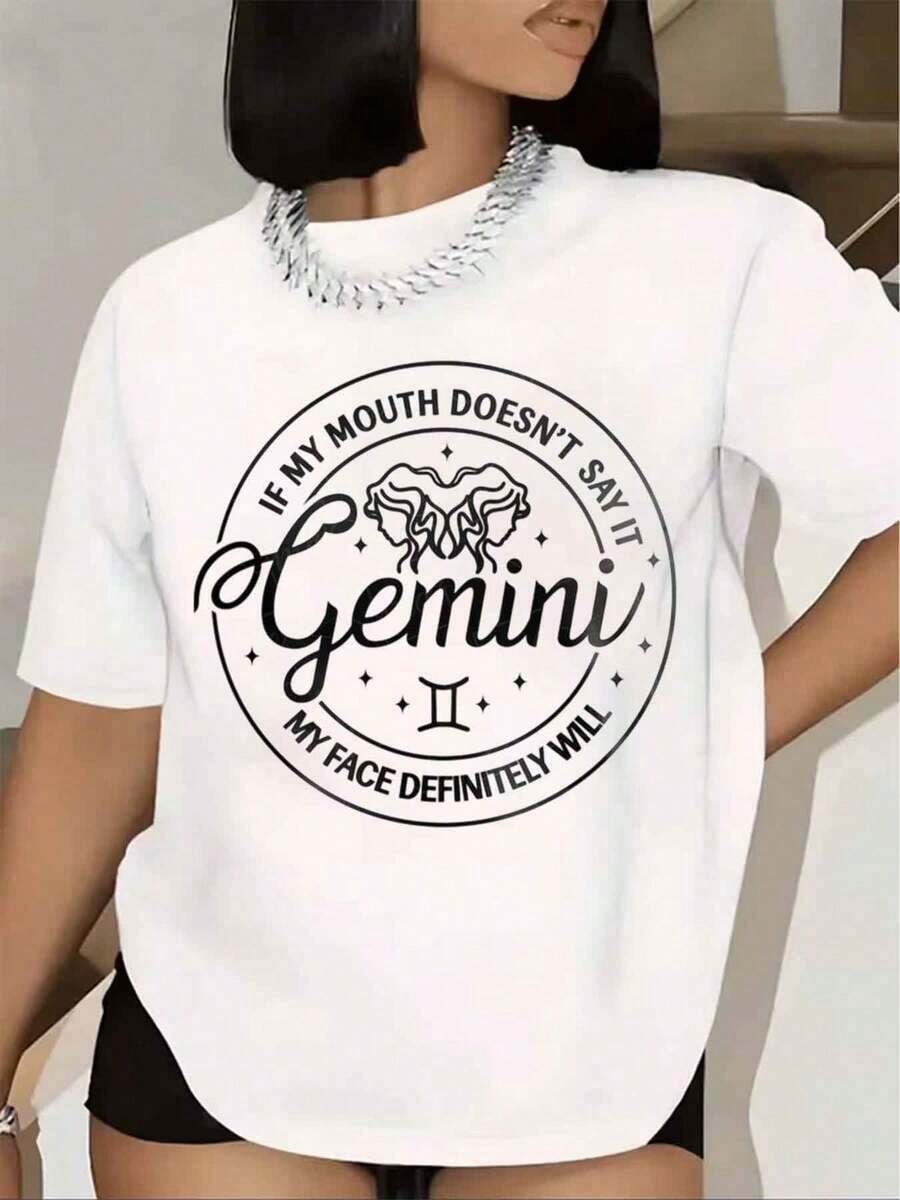Women's T-Shirt With Gemini Zodiac Sign, If My Mouth Doesn't Say It, My Face Definitely Will, Short Sleeve Print, Round Neck, Casual Summer Wear, 220g - 白色的 - 查看 1
