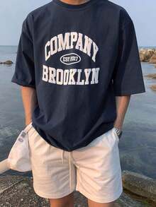 Men's Summer T-Shirt With Letter Print And Drop Shoulders - 藏蓝色 - 查看 9
