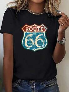 Women's Fashion Casual Sport T-Shirt, Fashionable Cartoon "Route US 66" English Letter Graphic Print -Lined Crew Neck Short Sleeve T-Shirt, Comfortable Short Sleeve Tee, Crew Neck Sport T-Shirt Suitable For All Seasons |   Relaxed Fit |   Plus Size Blouses For Women Shirt - 黑色 - 查看 7