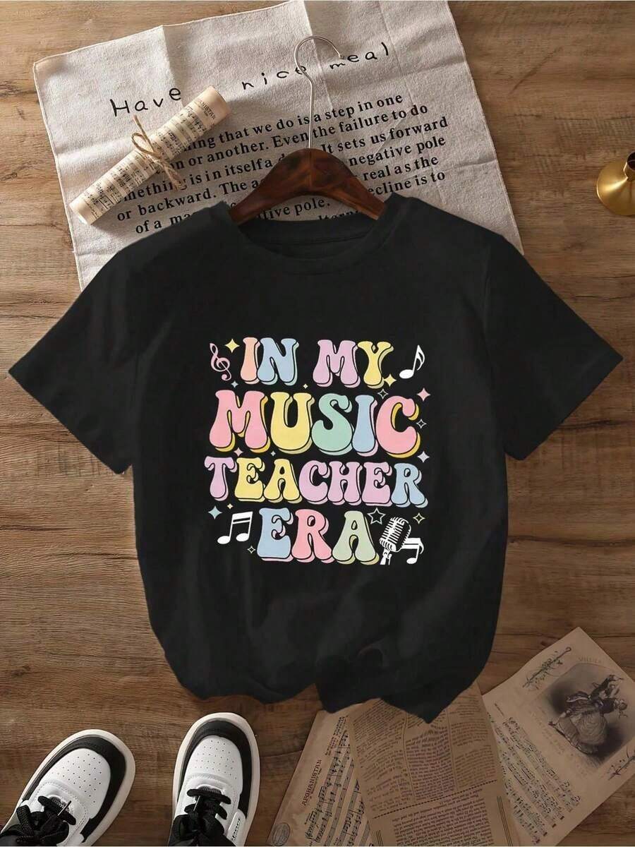Women's Cotton Graphic T-Shirt "In My Music Teacher Era", 100% Cotton, Casual Crew Neck, Short Sleeve, Black, For Spring, Summer And Autumn, 180 Gsm Blend, Washable, Teacher Theme, Vibrant Print, Glossy Finish. Women's Blouses/Shirt - 黑色 - 查看 1
