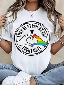 Women's Graphic T-Shirt, Casual Loose Fit, Round Neck, With "I Can Be Straight But I Don't Hate Pride" Print With Rainbow Hearts And Hands, For Daily Wear And LGBTQ Support Events. - 白色 - 查看 3