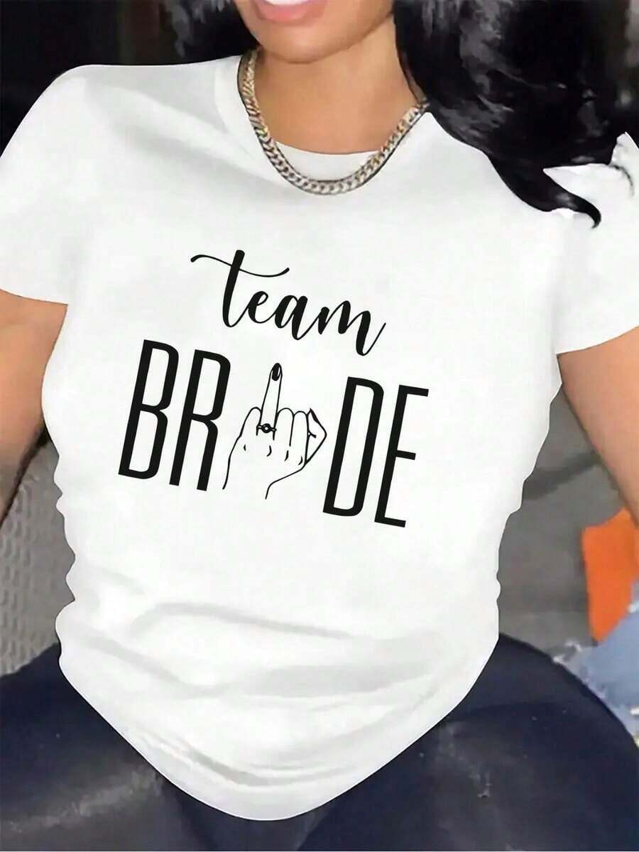 Camiseta De Manga Corta Para Mujer | Diseño , Tela, Ligera Y Duradera, Perfecta Para Fiestas De Bodas, Despedidas De Soltera O Eventos De Despedida De Soltera, Ajuste Cómodo, Estampado Blanco Sobre Fondo Negro, Cuello Redondo, Elasticidad MediaWomen Standard Size Casual T-Shirt Breathable Lightweight Short Sleeve Tee blusas para mujer camisa - Blanco - Ver 1