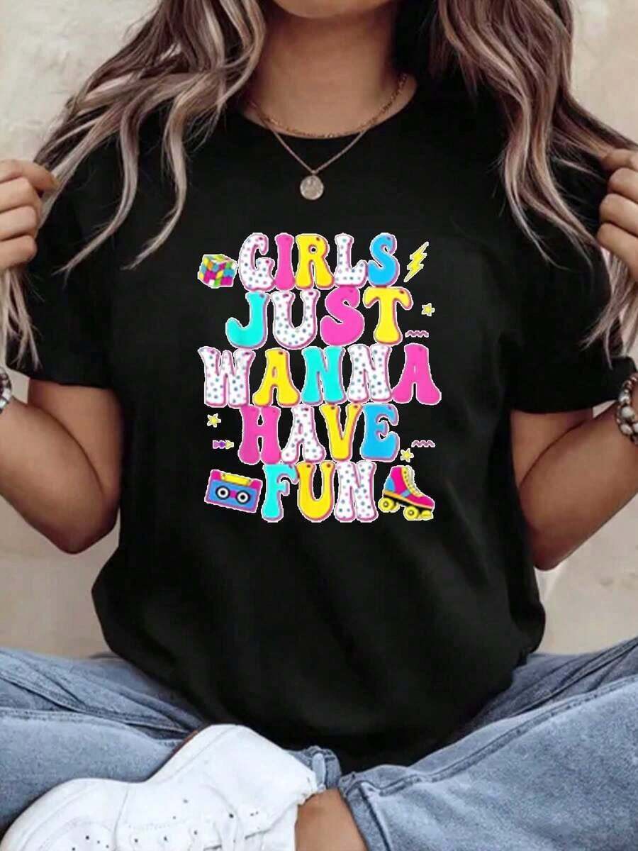 Casual Graphic Women's Short Sleeve T-Shirt, Girls Just Wanna Have Fun Colorful Graphic Print Top, Casual Summer Top, Comfortable Fabric, Perfect Gift, Bohemian T-Shirt, Blouses For Women - 黑色 - 查看 1