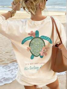 Camiseta de mujer de manga corta, de ajuste holgado, con cuello redondo y estampado de eslogan, nueva para el verano. Prenda de vestir casual y de moda, adecuada para uso diario y vacaciones.,Playera Gráfica Oversized Mujer Verano Casual - Albaricoque - Ver 7