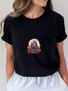 Premium Soft T-Shirt With Floral Castle Design - Ideal For Family Gatherings, Office Events And Holiday Gifts, Perfect Comfort For The Summer Season - 黑色 - 查看 1