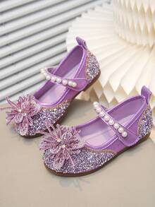 Girls' Princess Style Crystal Soft Bottom Shoes, Bow & Pearl Decor, Versatile For Spring, Summer, Autumn Daily Wear, School, Commute - Purple - View 2