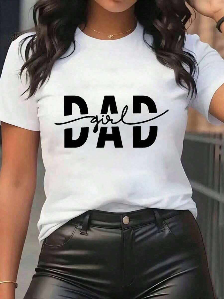 New Arrivals For Summer. Women's "Dad Girl" Print T-Shirt, Round Neck, Casual Everyday Wear, Soft And Comfortable, Vacation Blouse, Shirt > Beautiful. - 白色 - 查看 1
