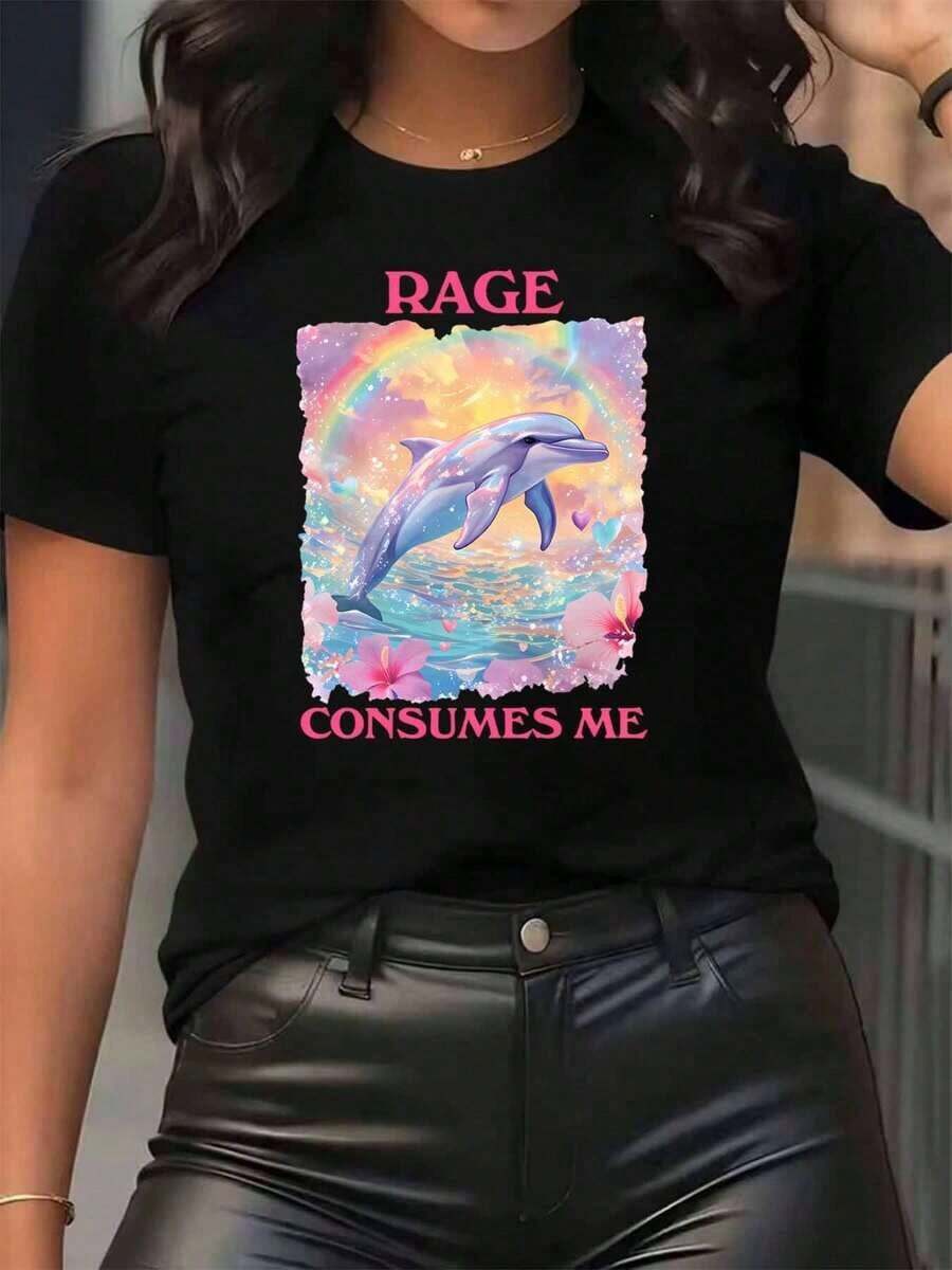 Nuevas llegadas para el verano. Camiseta de mujer con estampado de delfines, arcoíris y flores, texto "La rabia me consume", cuello redondo, uso diario casual, suave y cómoda, blusa para festivales, camisa > Hermosa. - Negro - Ver 1