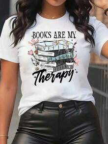 Nuevas llegadas para el verano. Camiseta de mujer con estampado de libros y flores, cuello redondo, estilo casual para uso diario, suave y cómoda para vacaciones. Blusa, camisa > Hermosa. - Blanco - Ver 7