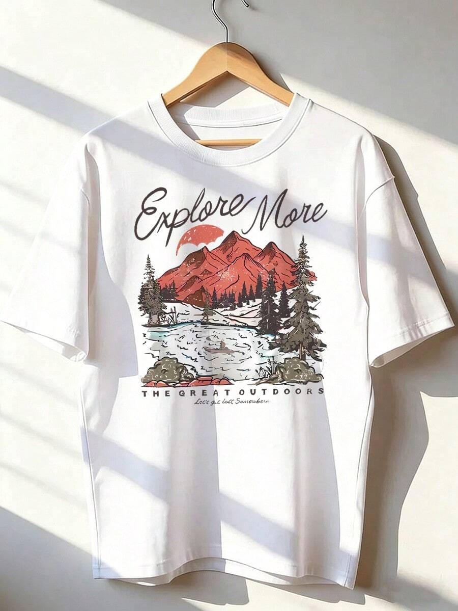 Retro And Adventurous Style Short-Sleeved T-Shirt, Short-Sleeved T-Shirt For Spring And Summer 2026, Made In Mexico, 180 Grams. Cartoon Print, Couple Design, Suitable For Indoor Or Outdoor Wear. Crew Neck, Unisex, Ideal For Office And Leisure. One-Pack. - WH-P631577SLNDXZGY563 - 查看 1