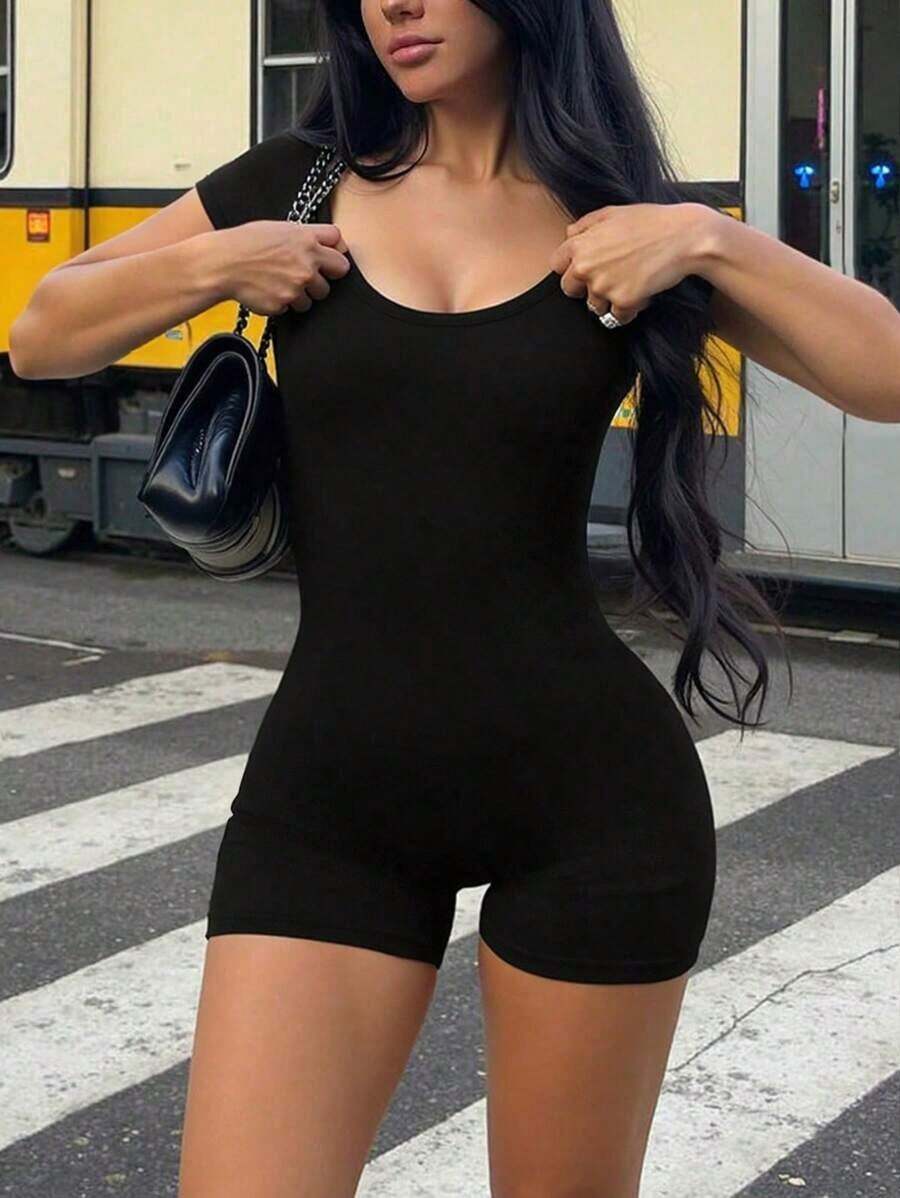 Mono de mujer , escote en U, silueta minimalista, ropa interior moldeadora cómoda, casual, sexy, versátil para exteriores, viajes, fiesta en la playa, vacaciones en el campo, vacaciones, Pascua, graduación, regreso a la escuela, mono de verano, ajust - Negro - Ver 1