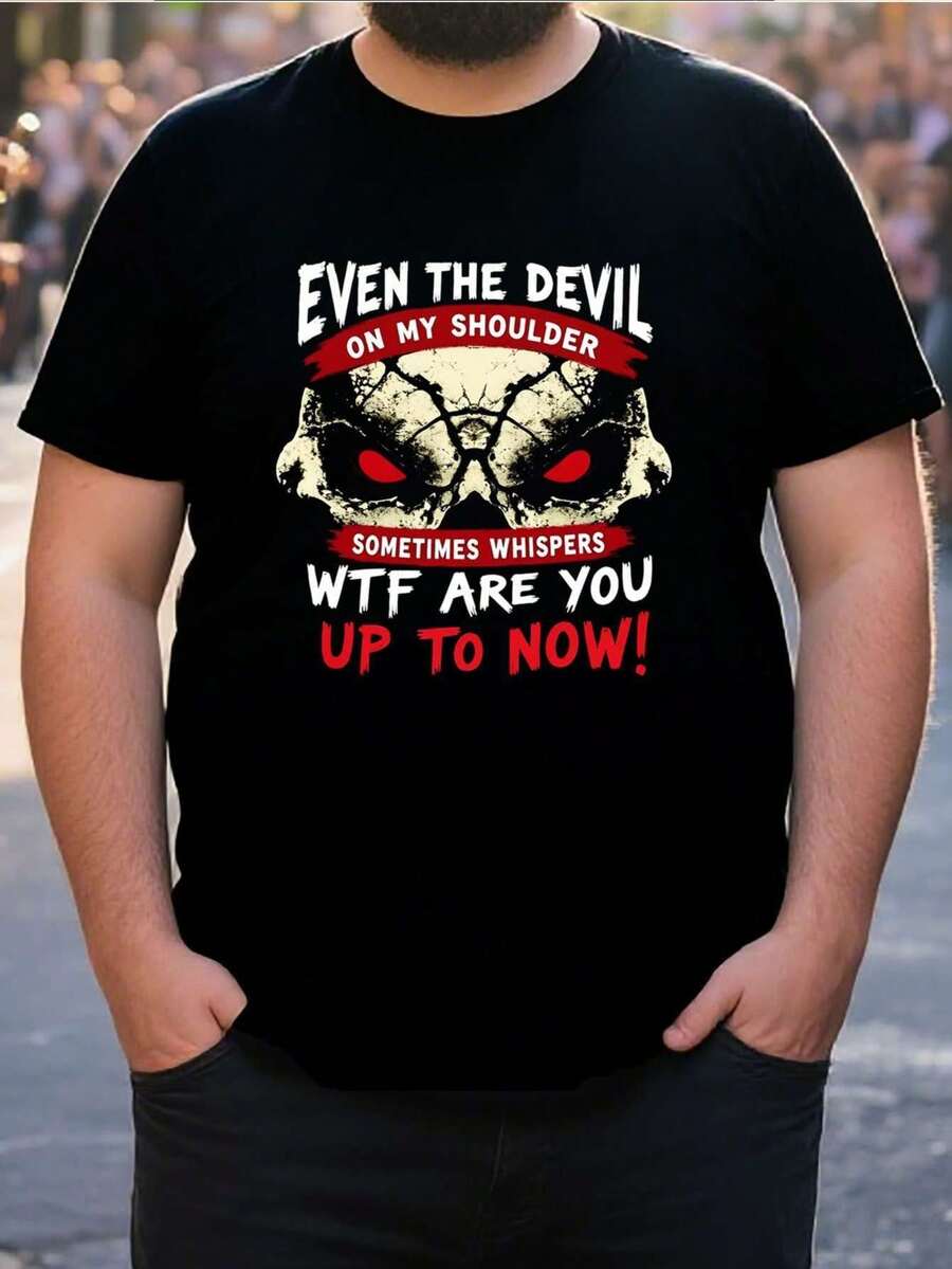 Plus Size T-Shirt With Demon Skull Print On The Shoulder - Black T-Shirt With Eye-Catching Red And White Text, Casual Wear, Preferred Gift For Friends And Family, Delivered From Local Warehouse, Valentine's Day Gift For Men, Clothing, Men's Shirts, Family Pajamas, Funny Joke Gift, Suitable For Valentine's Day, Easter, Mother's Day, Etc. - 黑色 - 查看 1