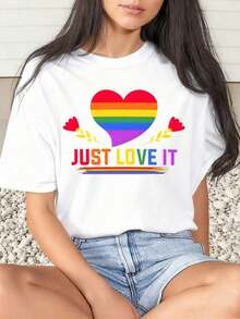 1 Piece Women's T-Shirt With Rainbow Heart Print "Just Love It", Casual For Everyday Wear, Round Neck, Short Sleeve, Soft And Comfortable, 220 G/M², 180 G, 100% Cotton - 白色 - 查看 10