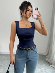 Camiseta sin mangas de verano ajustada de cuello cuadrado de unicolor elegante y casual para mujer - Azul marino - Ver 1