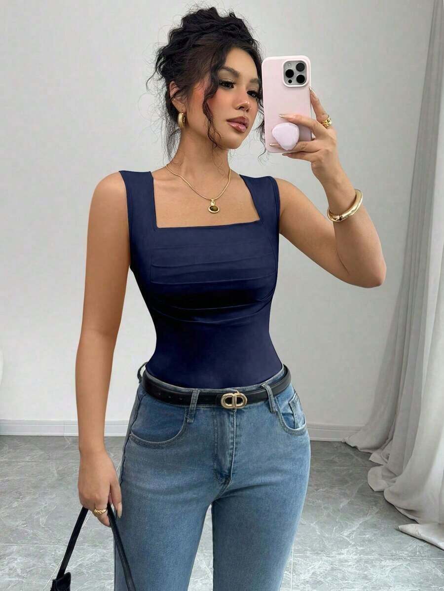 Camiseta sin mangas de verano ajustada de cuello cuadrado de unicolor elegante y casual para mujer - Azul marino - Ver 1