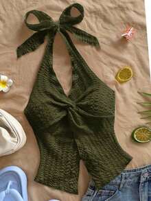 Top de tirantes sexy y elegante con nudo en el cuello, dobladillo con abertura y espalda descubierta - Verde militar - Ver 6