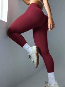 sin costuras de cintura alta de unicolor para uso diario, fitness y yoga para mujeres - Burdeos - Ver 1