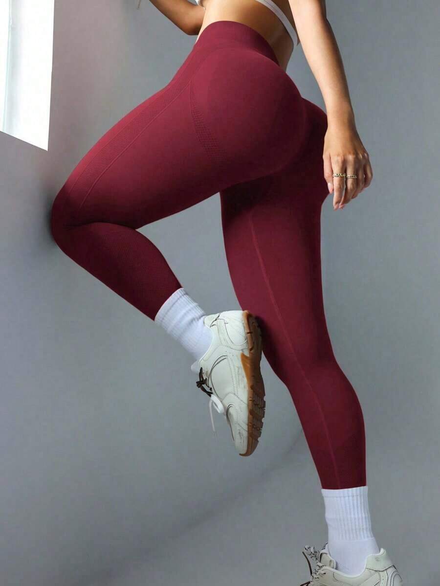 sin costuras de cintura alta de unicolor para uso diario, fitness y yoga para mujeres - Burdeos - Ver 1