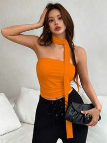 Top bandeau de unicolor minimalista para mujer, para uso casual diario - Naranja - Ver 5