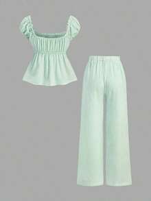 Conjunto de 2 piezas de blusa de manga de pétalo a rayas estilo francés dulce y pantalones rectos holgados para mujer, de primavera/verano - Verde - Ver 2