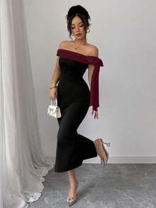 Vestido largo elegante con hombros descubiertos y decoración de lazo - Multicolor - Ver 3