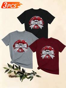 Women's T-Shirts, Women's T-Shirts, Casual One-Piece T-Shirt With Lip Print, Bow And Rhinestones, Round Neck, Loose And Comfortable Top For Women. - 1件黑色隨機圖案 - 查看 6