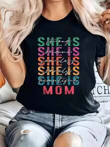 Gift: 1 Piece - Women's T-Shirt With "Strong, Brave, Fearless, Lovely, Beautiful Mom" Print, Round Neck, Casual Cotton T-Shirt, Medium Stretch Knit Fabric, Regular Fit For Women, For Spring/Summer/Autumn, Soft. - 黑色 - 查看 1