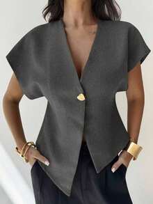 Blusa casual de manga murciélago asimétrica de unicolor mostaza, elegante, simple, estilosa y minimalista, versátil para el uso diario y el transporte, de alta gama, minimalista y desconstructiva, con manga de murciélago oversize y cuello en V de - Gris - Ver 7