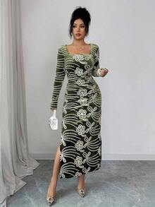 Vestido con estampado floral de primavera y verano, vestido elegante de manga larga transparente con dobladillo de sirena ajustado para festival de música, boda, fiesta, vestido de paseo - Verde - Ver 2