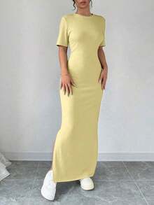 Vestido largo de mujer de manga corta con cuello en V y bajo dividido, de unicolor, vestido maxi elegante de color burdeos, vestido largo ajustado, vestido largo rojo, vestido maxi de manga corta para mujer, vestidos de mujer, vestido largo ajust - Amarillo claro - Ver 3