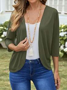 Chaqueta ligera de mujer de unicolor con abertura frontal y manga 3/4 casual - Verde militar - Ver 3