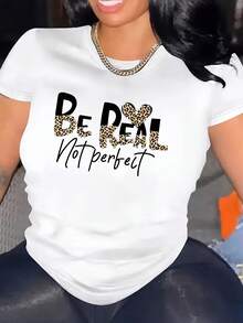Women's Casual Leopard Print T-Shirt With "BE REAL NOT PERFECT" Lettering - Loose Fit Short Sleeve Crew Neck Top For Spring, Summer And Autumn Casual Wear, Positive Affirmation Graphic T-Shirt For Women - 白色 - 查看 1