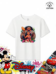 This Casual T-Shirt Is Suitable For Both Boys And Girls. It Features A Print Of Moana And Maui From Disney's Moana IP, Combining The Main Characters With Tropical Island Elements To Convey A Sense Of Courage And Healing. The Fabric Is Skin-Friendly And Breathable, Making It Comfortable And Cool To Wear In Summer. The Crew Neck Design Makes It Easy To Put On And Take Off. It Is Suitable For Various Occasions Such As Theme Park Visits, School Days, Outdoor Parties, And Family Vacations. It Goes Well With Jeans, Shorts, And Sweatpants. The Print Is Durable And Washable, And It Is Not Easy To Deform Or Fade. It Is A Practical Item In Your Child's Summer Wardrobe. - White - View 2