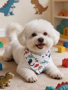 聚酯纖維白色恐龍印花寵物圍巾圍兜，Happy Little Dog，適合小型與中型貓狗（比熊、泰迪），室內或室外全年使用，不適合大型犬種 - 白色 - 查看 4