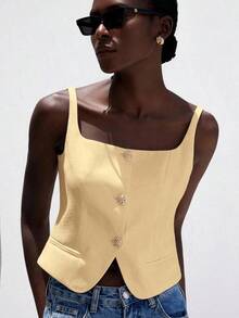 Camiseta sin mangas de cuello en U ajustada y elegante para mujeres, adecuada para ir al trabajo - Amarillo - Ver 5