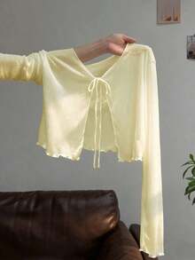 Vestido camisero con adorno de encaje, chaqueta de punto de manga larga para mujer, protección solar de verano - Amarillo - Ver 1