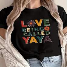 One Piece, Classic And Versatile, Pure Cotton Short-Sleeved T-Shirt, Suitable For Any Season. For Women, With A Floral Design And The Phrase "Love Called Yaya," A Modern Style - 黑色 - 查看 2