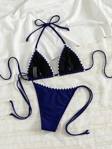 Bikini de 2 piezas de unicolor con escote halter y lazos, sexy y elegante para playa, vacaciones, viajes y fiestas. Nuevo para primavera/verano - capullo blanco azul oscuro - Ver 3