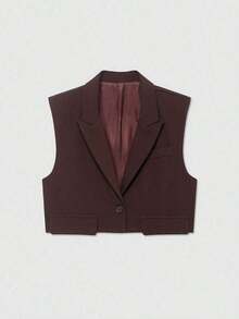 Chaqueta de chaleco con solapa y decoración de solapa de unicolor casual para mujer, primavera - Marrón - Ver 1