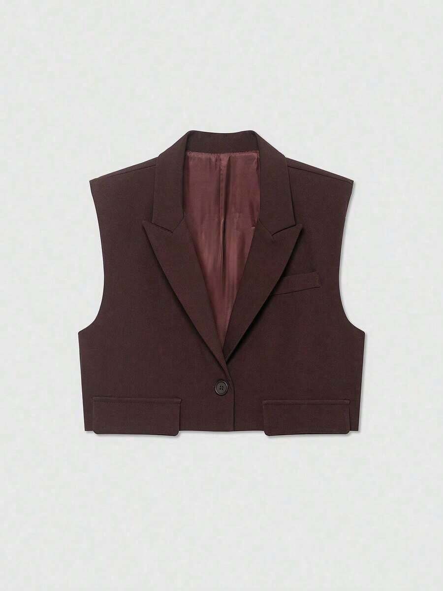 Chaqueta de chaleco con solapa y decoración de solapa de unicolor casual para mujer, primavera - Marrón - Ver 1