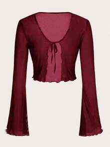 Top de malla con mangas acampanadas, abertura frontal con nudo, y ribete de lechuga.Top casual de mujer de ajuste regular, con cuello en V, mangas acampanadas con volante, y efecto colorblock en negro.Prenda de mujer sencilla para primavera/o - Burdeos - Ver 2