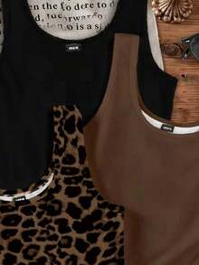 Set de 3 camisetas de tirantes de cuello redondo casuales para mujer, versátiles para el verano - Multicolor 5 - Ver 3